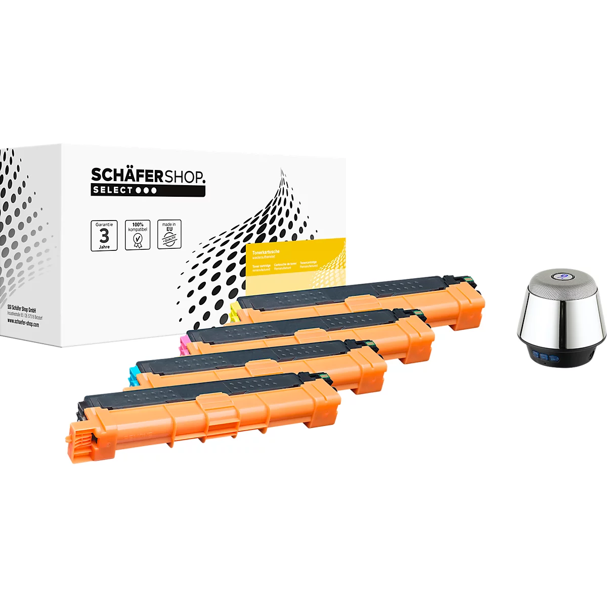 Schäfer Shop Select Toner, remplace Brother TN-243CMYK, Mixpack, noir, cyan, magenta, jaune + haut-parleur Bluetooth Chrome 