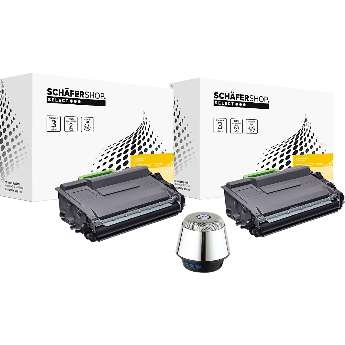 Schäfer Shop Select Toner, remplace Brother TN-3480 (TN3480), pack de deux, noir + haut-parleur Bluetooth Chrome 