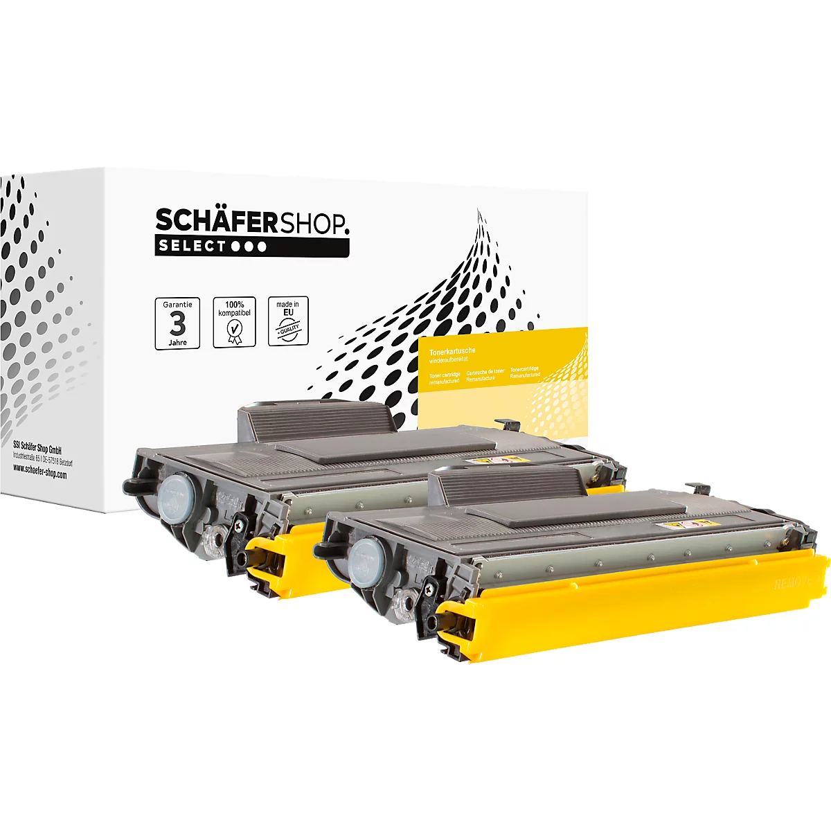 Three toner cartridges in front of a box with the inscription SCHÄFERSHOP. The cartridges are gray and yellow.