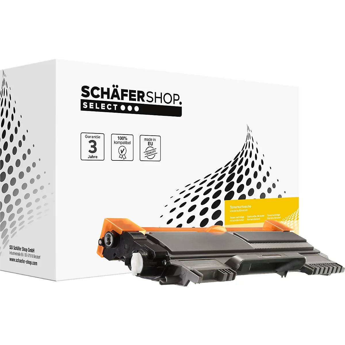 Black toner cartridge in front of a white package with print. The packaging says 'SCHÄFERSHOP SELECT'.