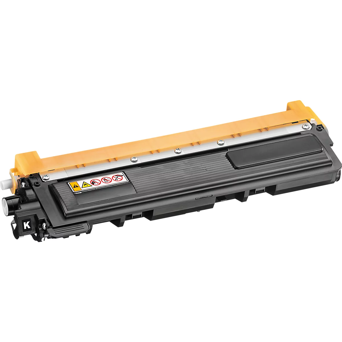 A new black toner cartridge with yellow and silver accents.