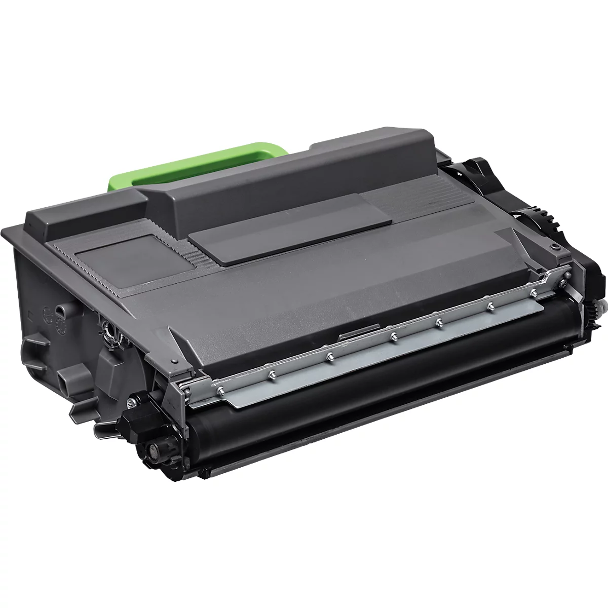 Black printer cartridge, green on handle. A black plastic cylinder.