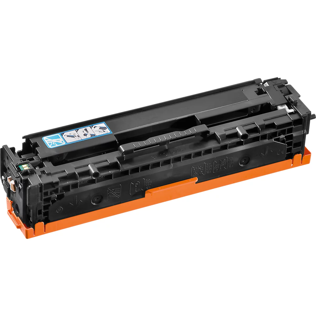 A black and orange printer cartridge. There is a blue sticker on the top.