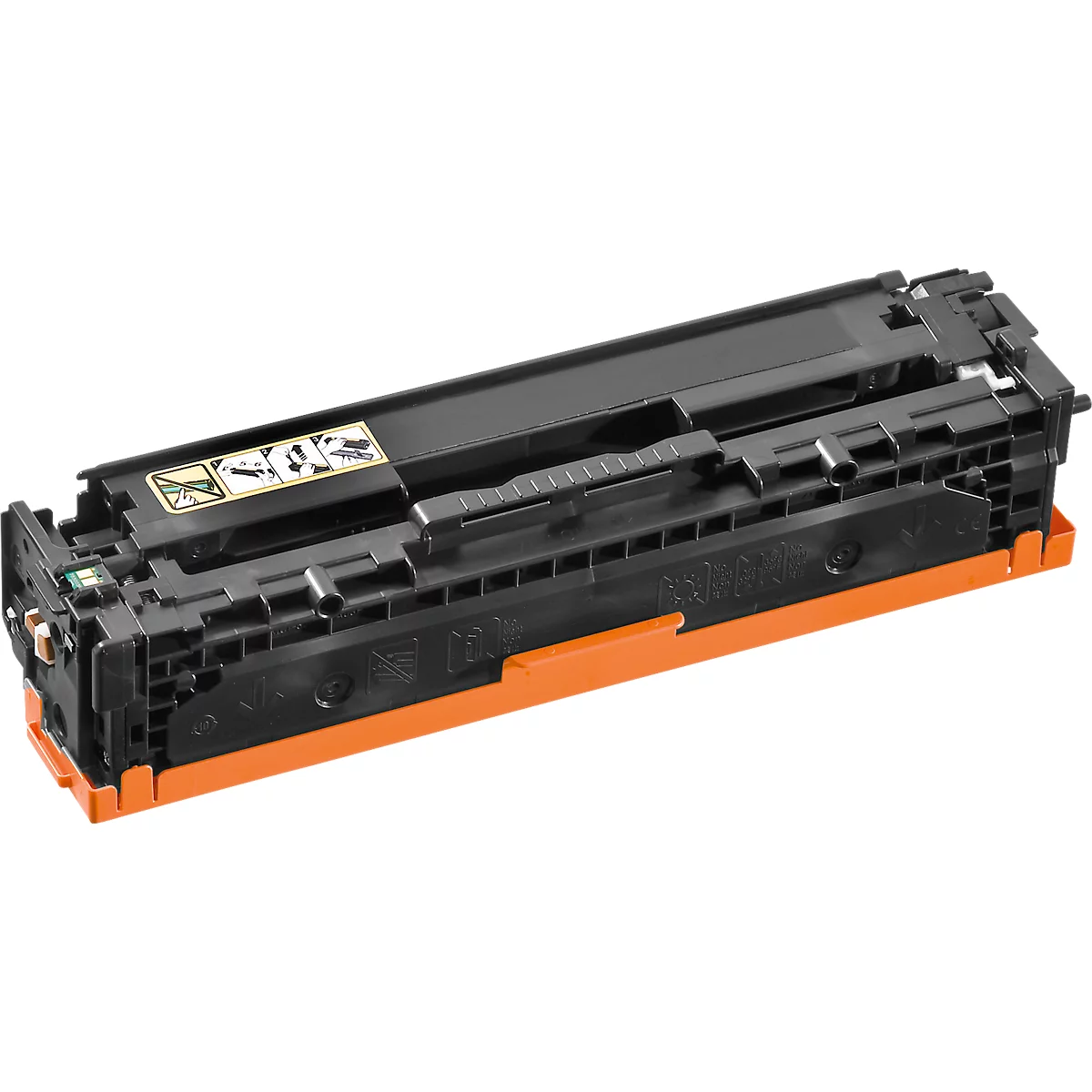 Black toner cartridge with orange elements. Pictograms are on the top.