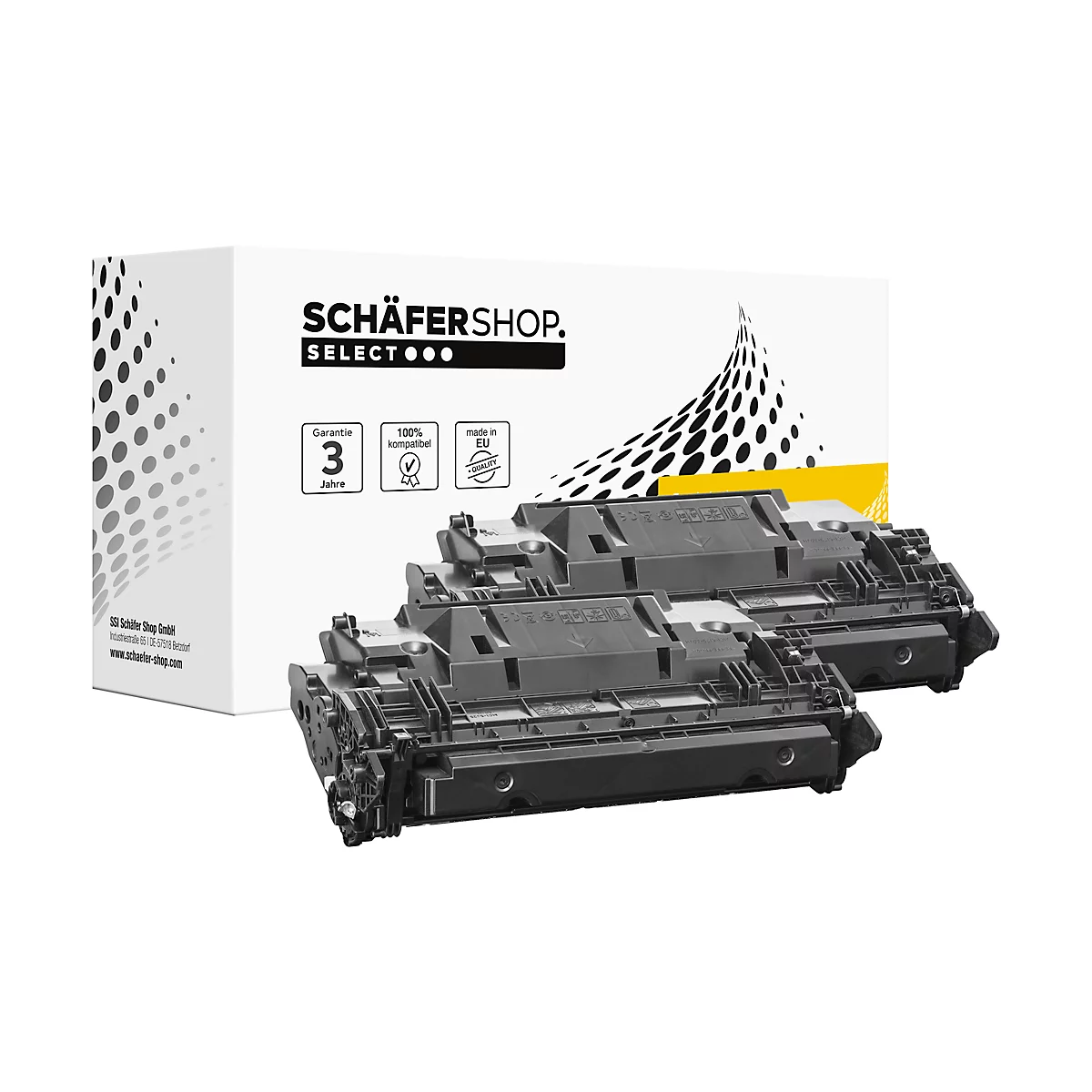 Two black toner cartridges and a white box with the SchäferShop logo. Various symbols and lettering are shown on the box.