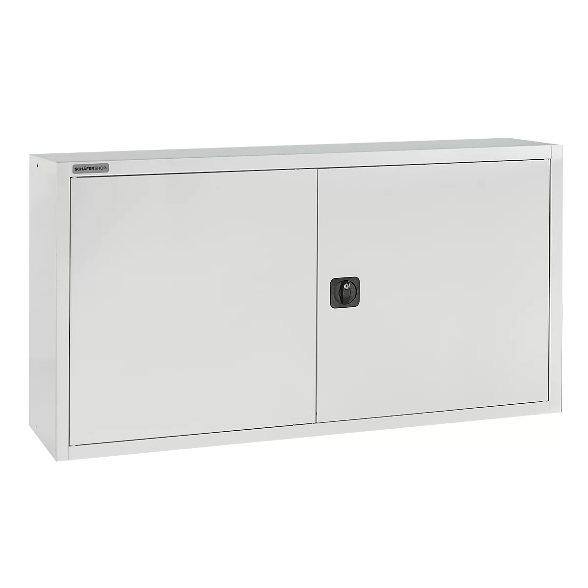 A white, rectangular cabinet with two doors. A black handle in the middle.