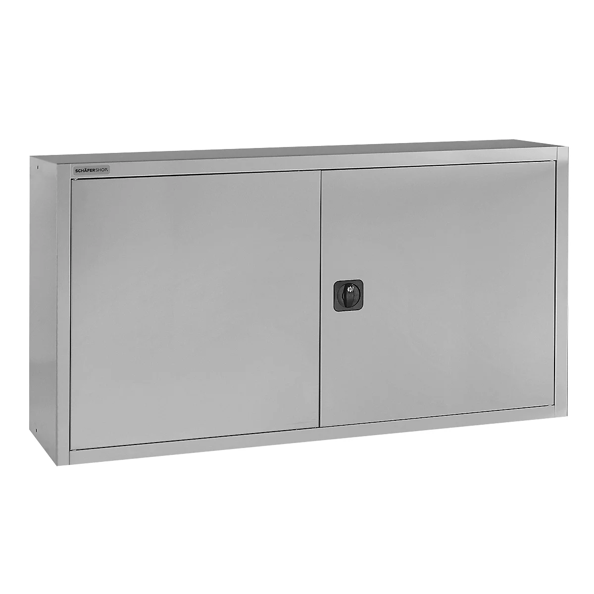 Grey wall cabinet with two doors and a black handle.