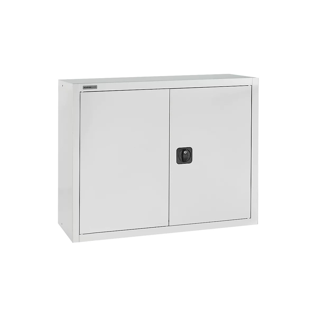 A light gray steel cabinet with two doors and a black handle.