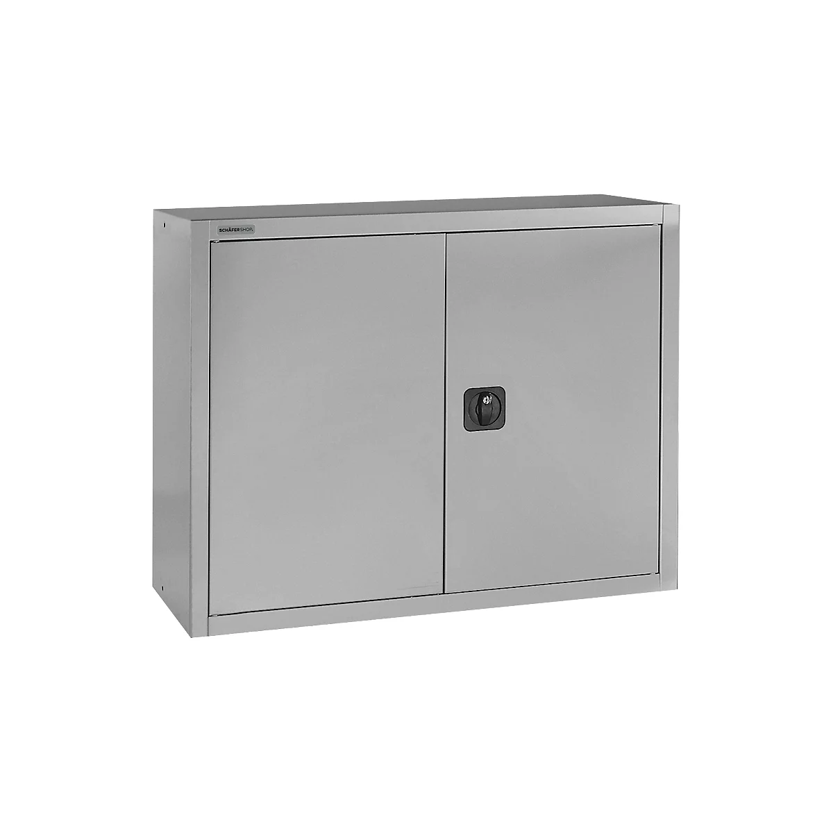 A steel-colored cabinet with two doors and a black handle.