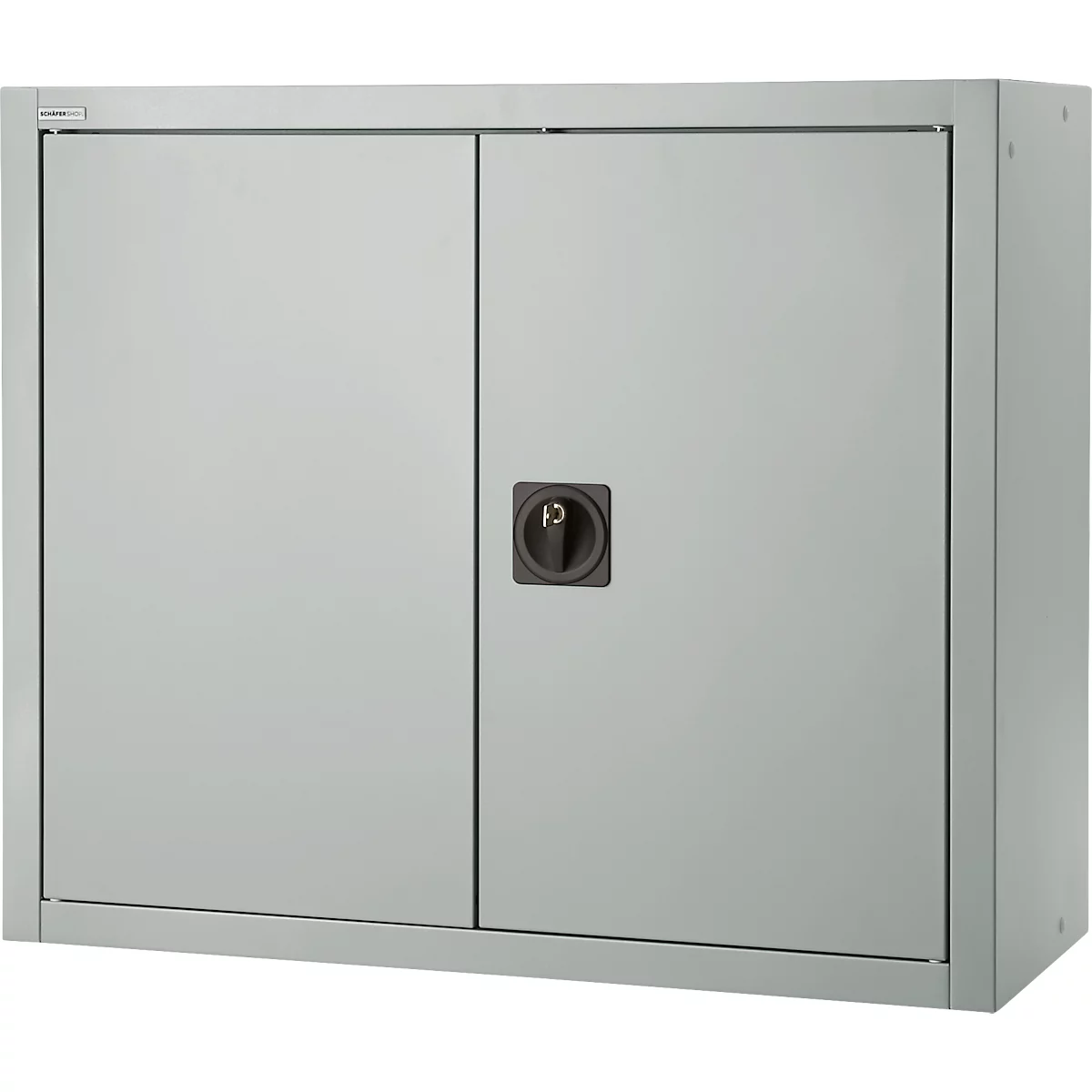 Grey cabinet with two doors and round handle.