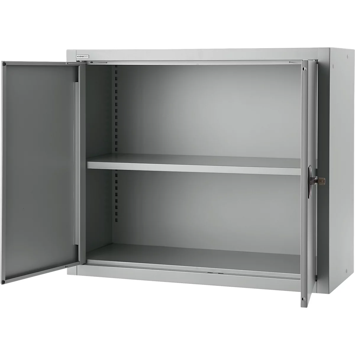 Gray steel cabinet, doors open. Inside two shelves. The left door is fully open, the right door almost. Cabinet on a white background.