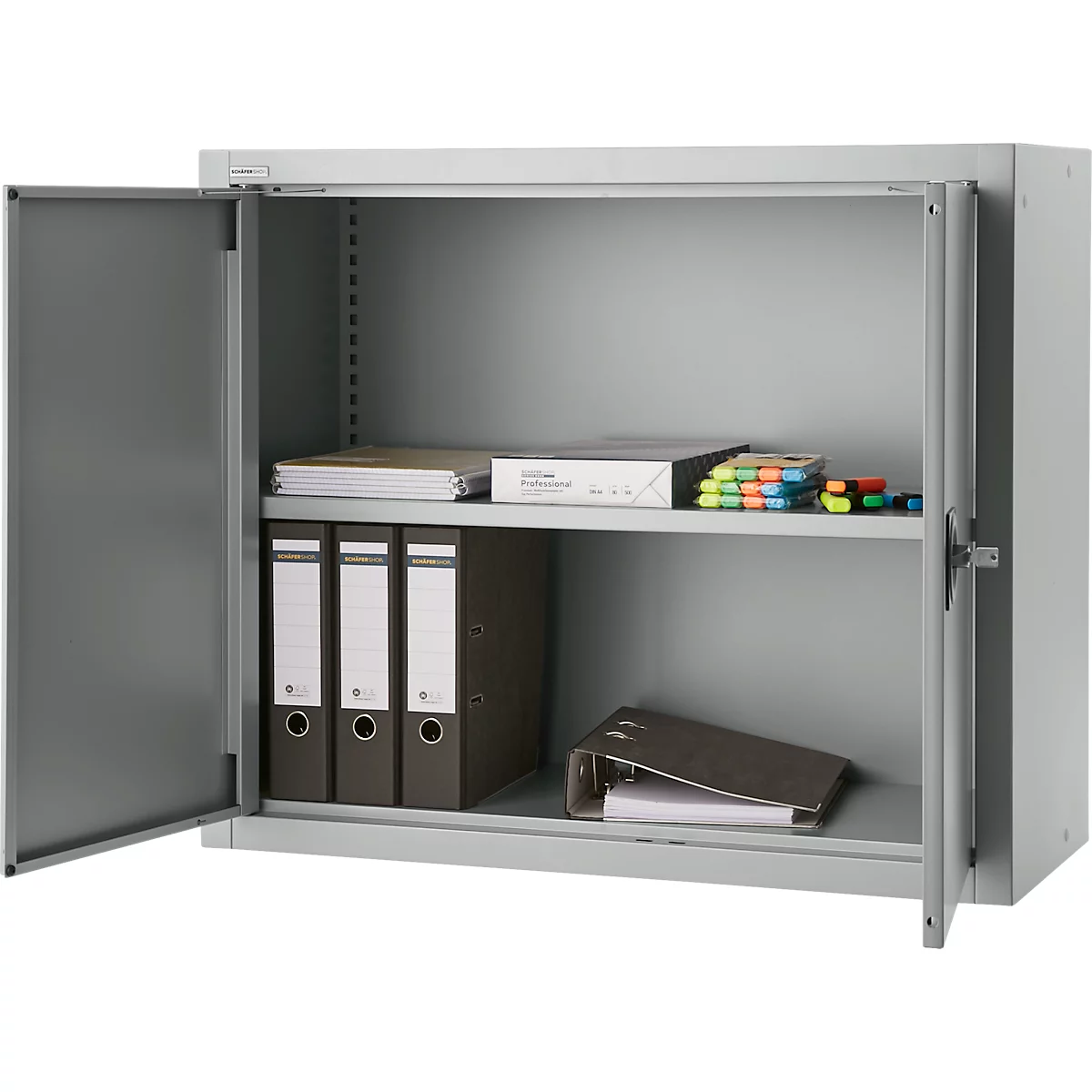 Gray steel cabinet with open doors. Inside: file folders, paper, pens.