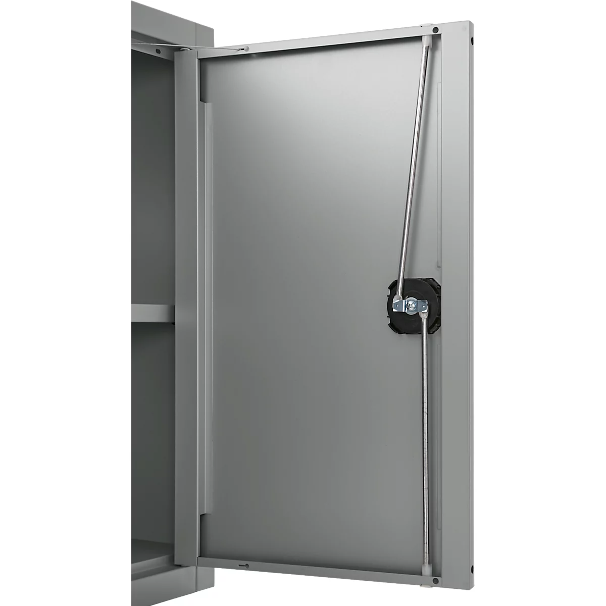 A grey steel cabinet with its door open. A rod mechanism holds the door in position.