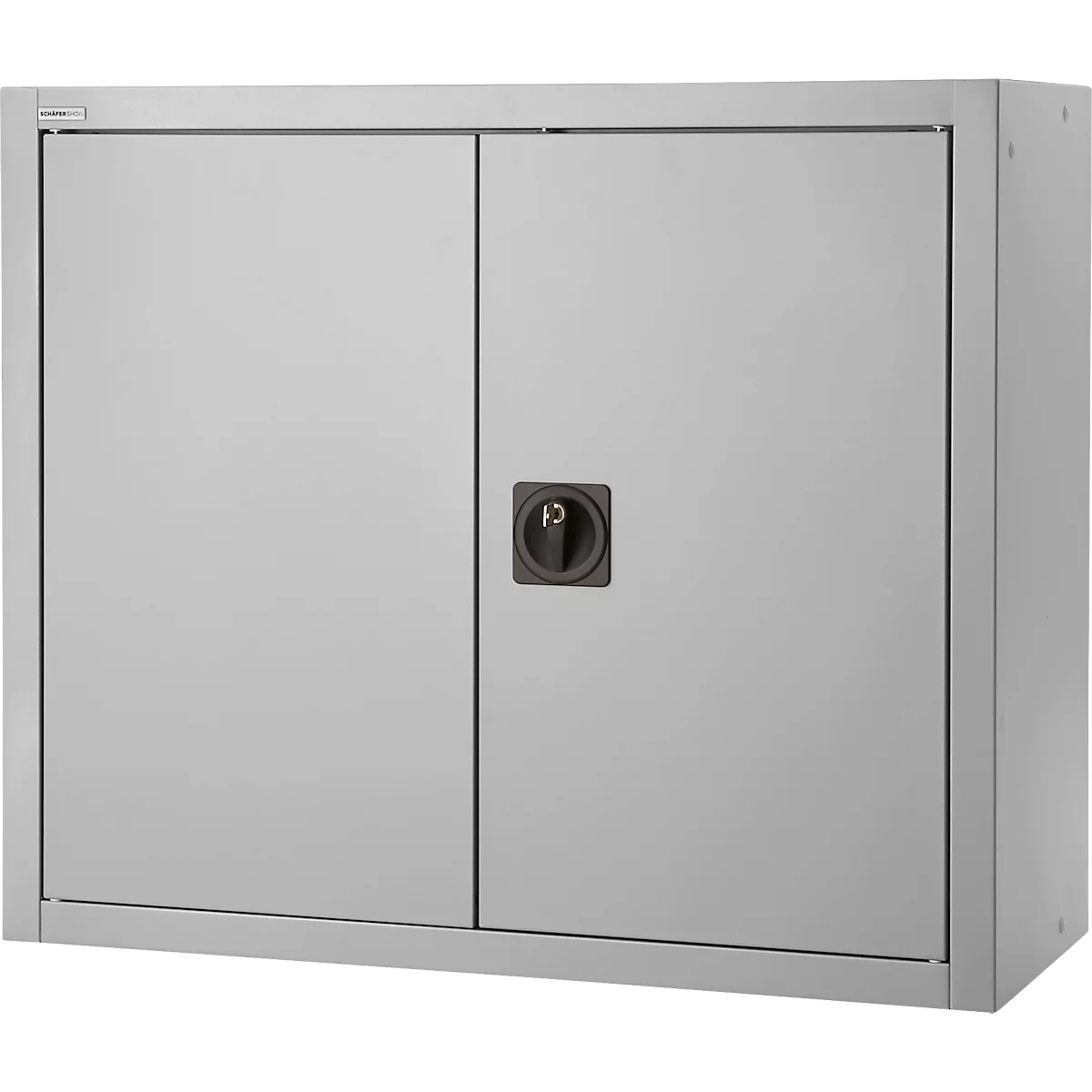 Grey cabinet with two doors, a black handle and keyhole.