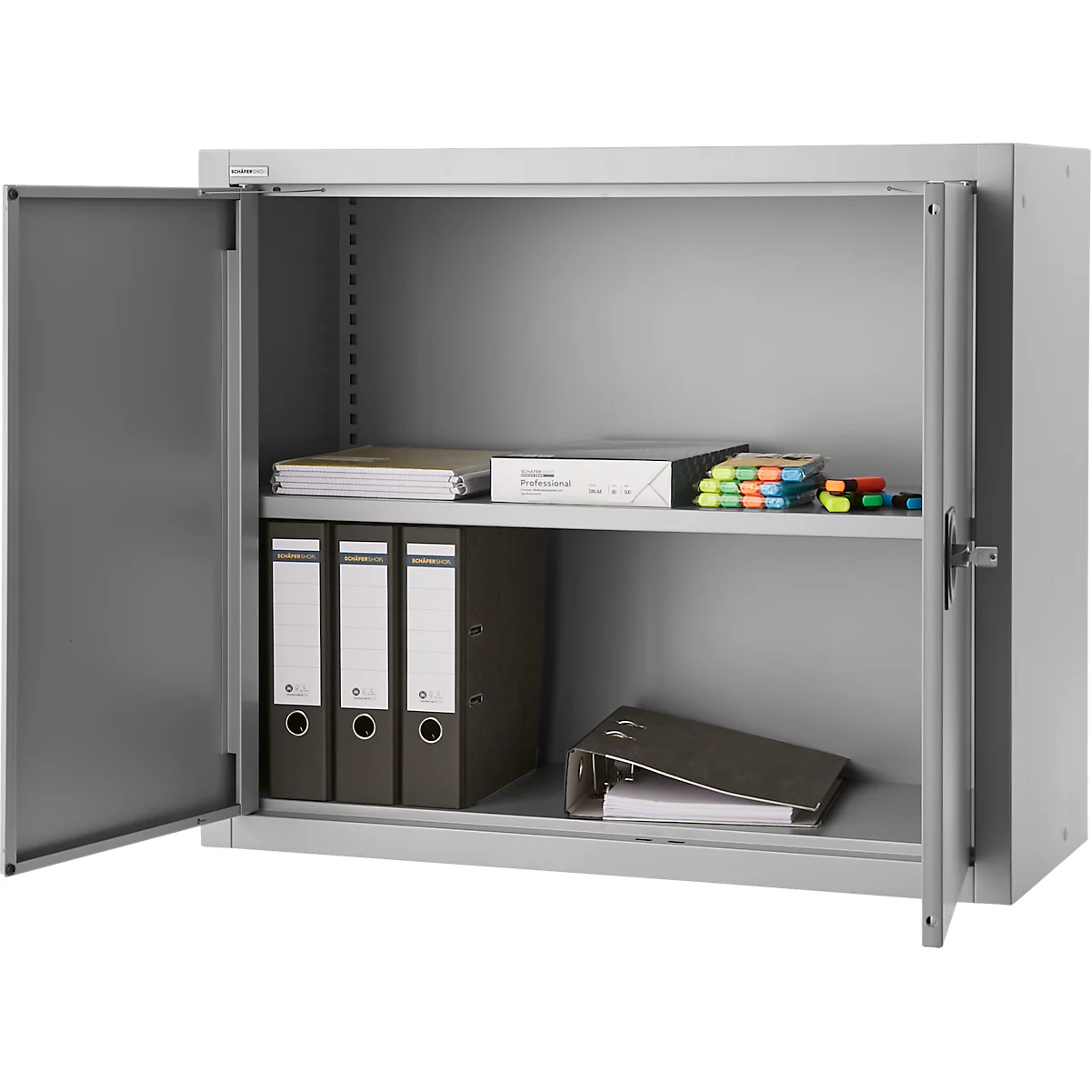 Grey steel cabinet with open doors, filled with files, paper and office supplies.