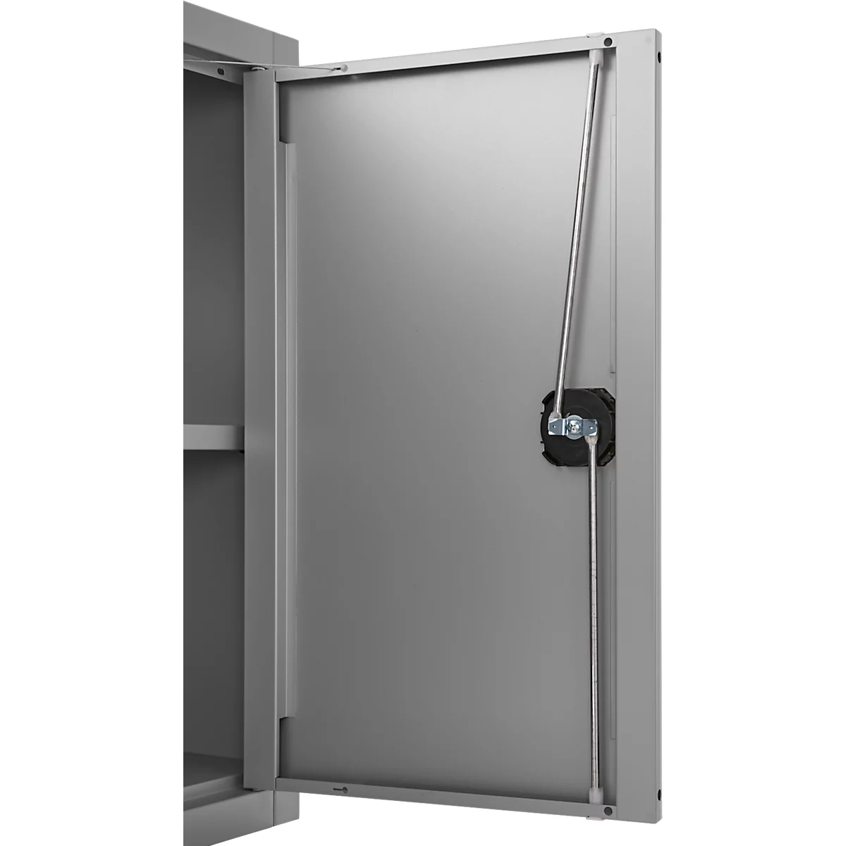 Grey cabinet, the door is open. A silver stabilizer is visible.