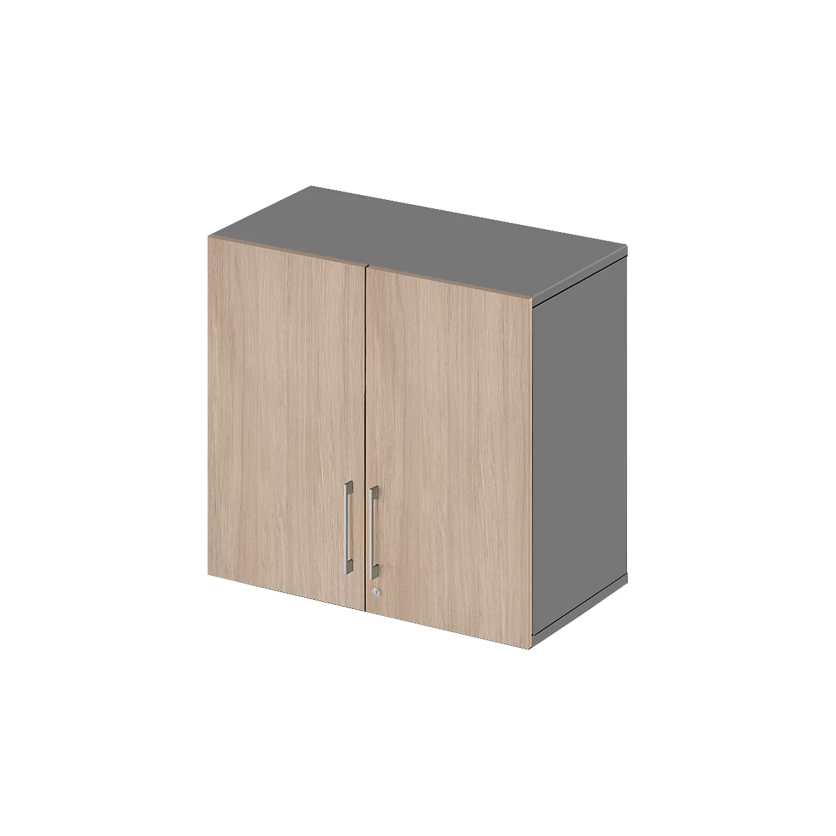Wall cabinet with light brown doors, two vertical handles, and a keyhole. Gray sides and top.