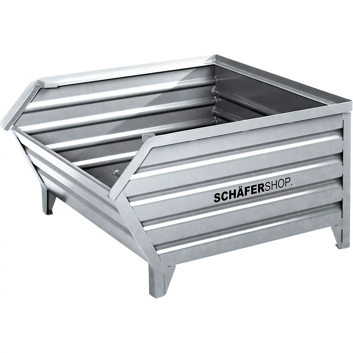Rectangular, silver-colored metal container with corrugated side walls and the inscription SCHÄFERSHOP.