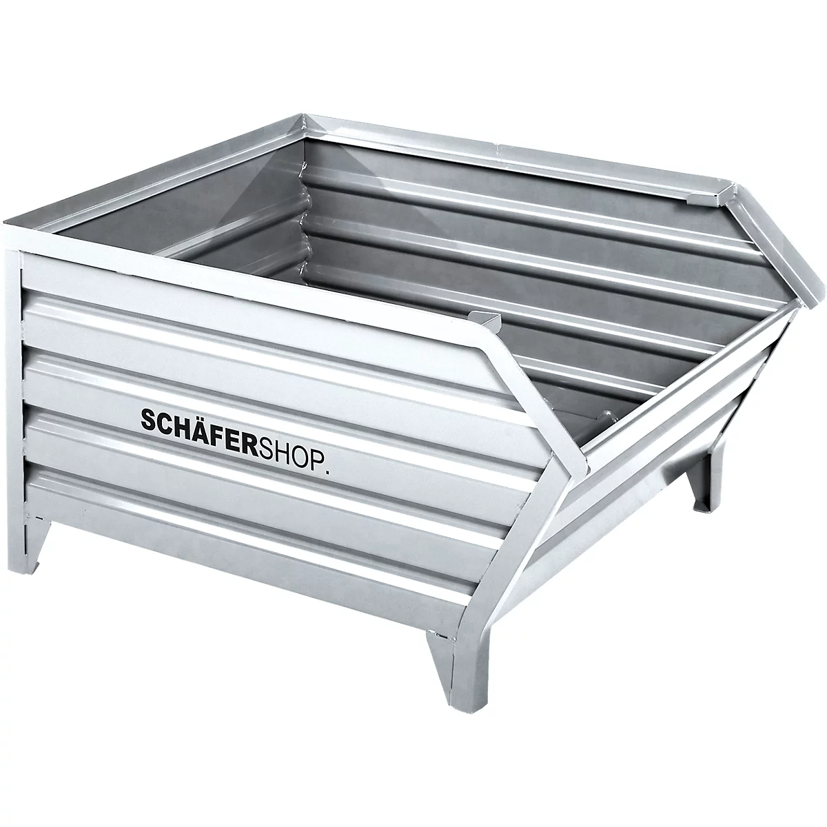 A silver, corrugated container with 'SCHÄFERSHOP' lettering. The container stands on four legs and has bevelled sides.