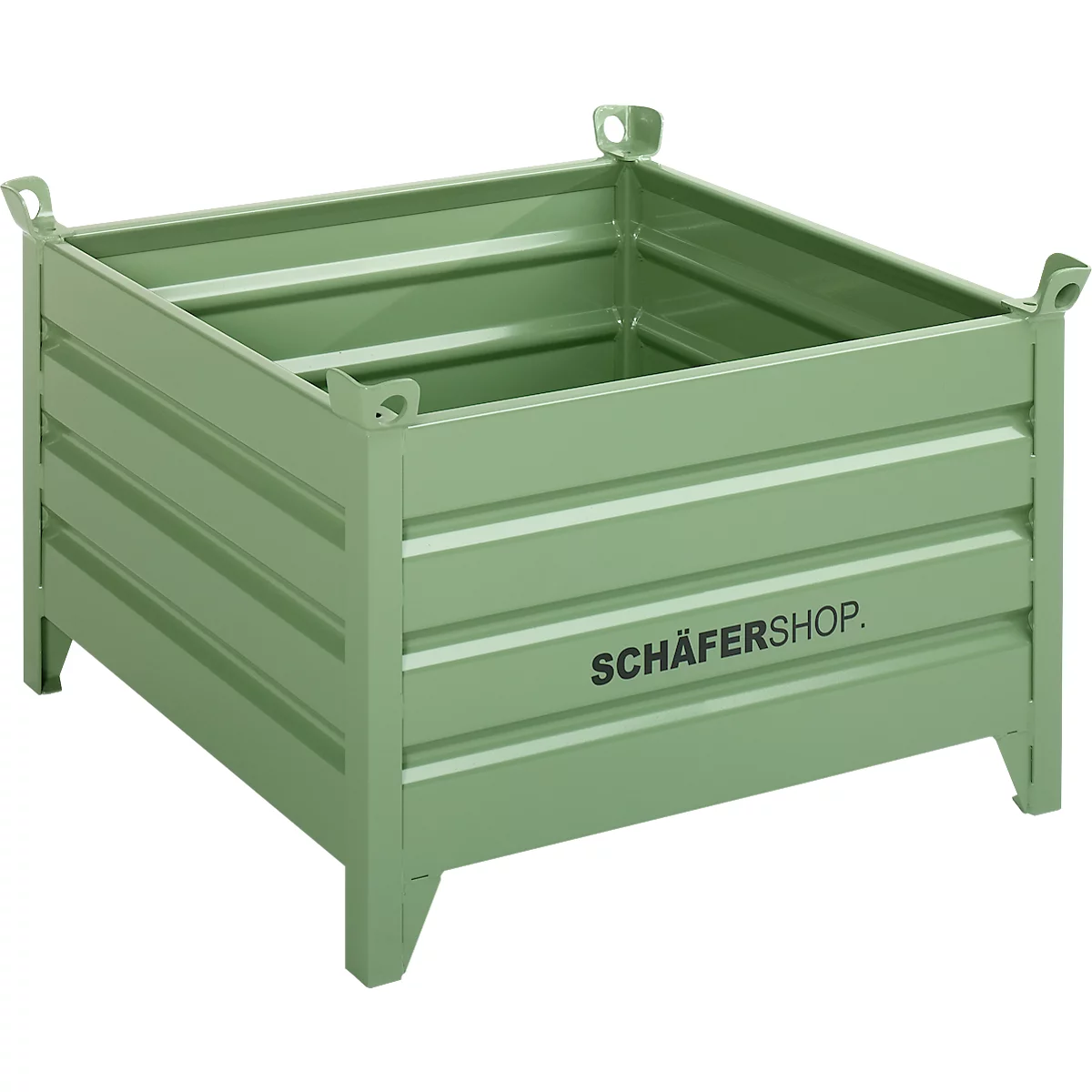 Light green, rectangular metal container with ribbed sides. 'SCHÄFERSHOP' is written on the side.