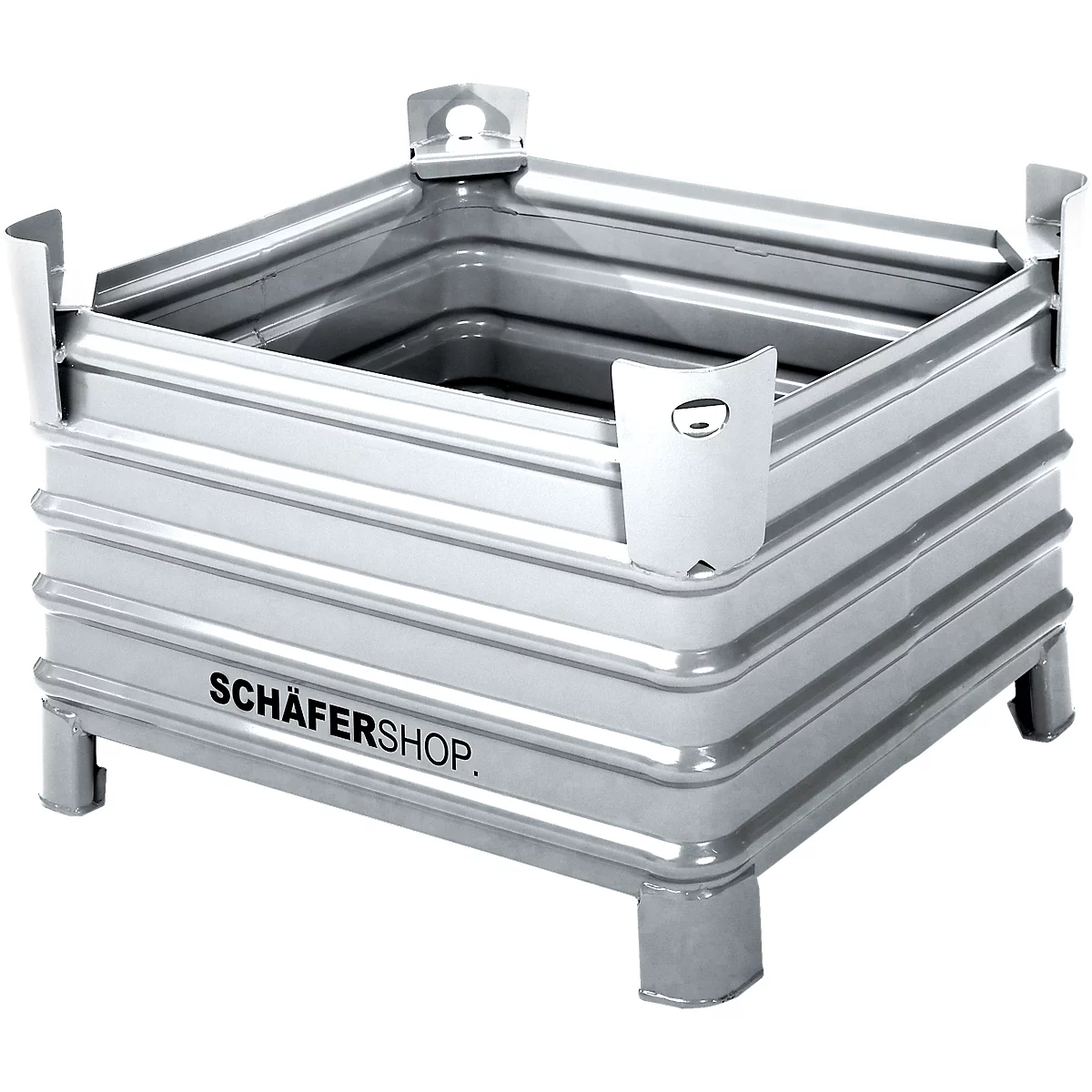 Vierkante metalen container met gegolfde zijkanten, poten en de tekst SCHÄFERSHOP.