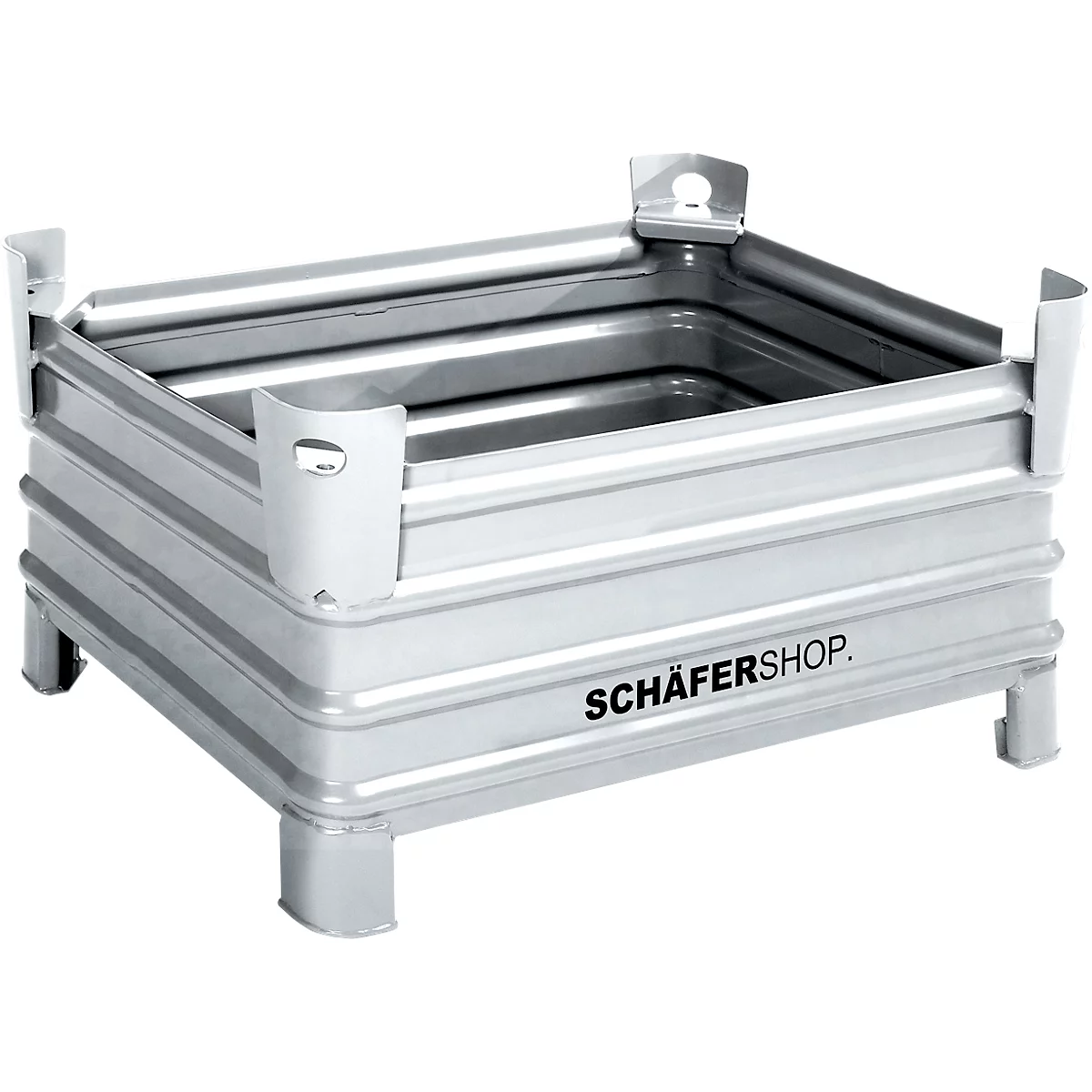Zilveren stalen containerbox, met "SCHÄFERSHOP." aan de zijkant.