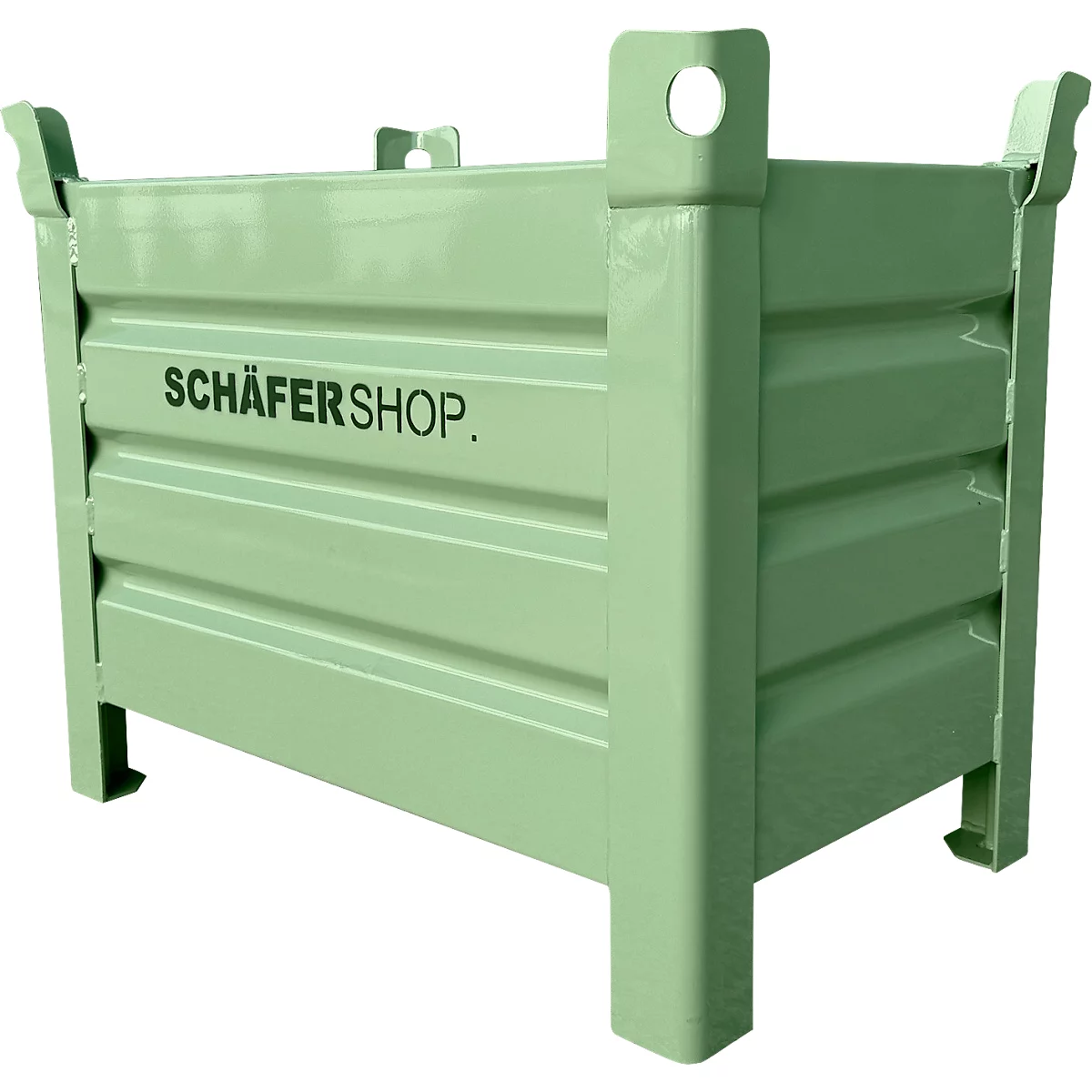 Lichtgroene metalen bak met ribstructuur en de tekst SCHÄFER SHOP.