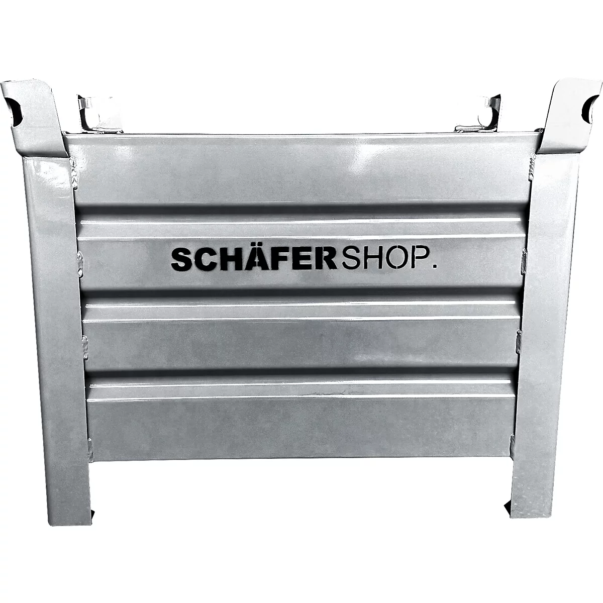 Zilveren, gegolfde stalen kist, met de tekst SCHÄFER SHOP.