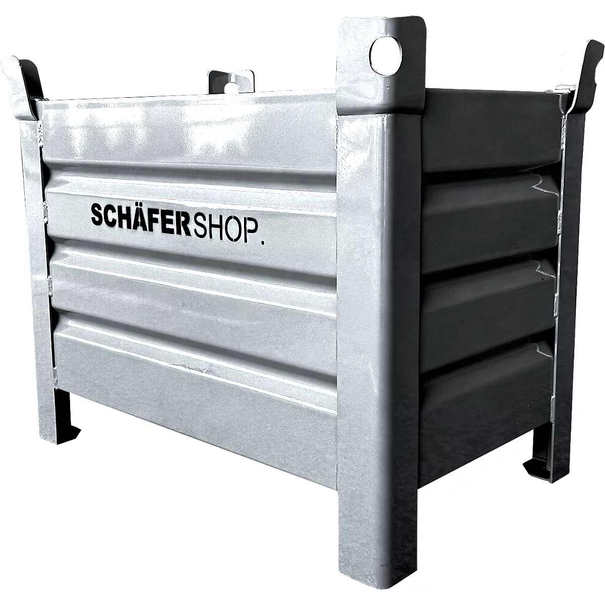 Metalen container met de tekst "SCHÄFERSHOP". Lichtgrijze kleur. Verticale ribbels aan de zijkanten.