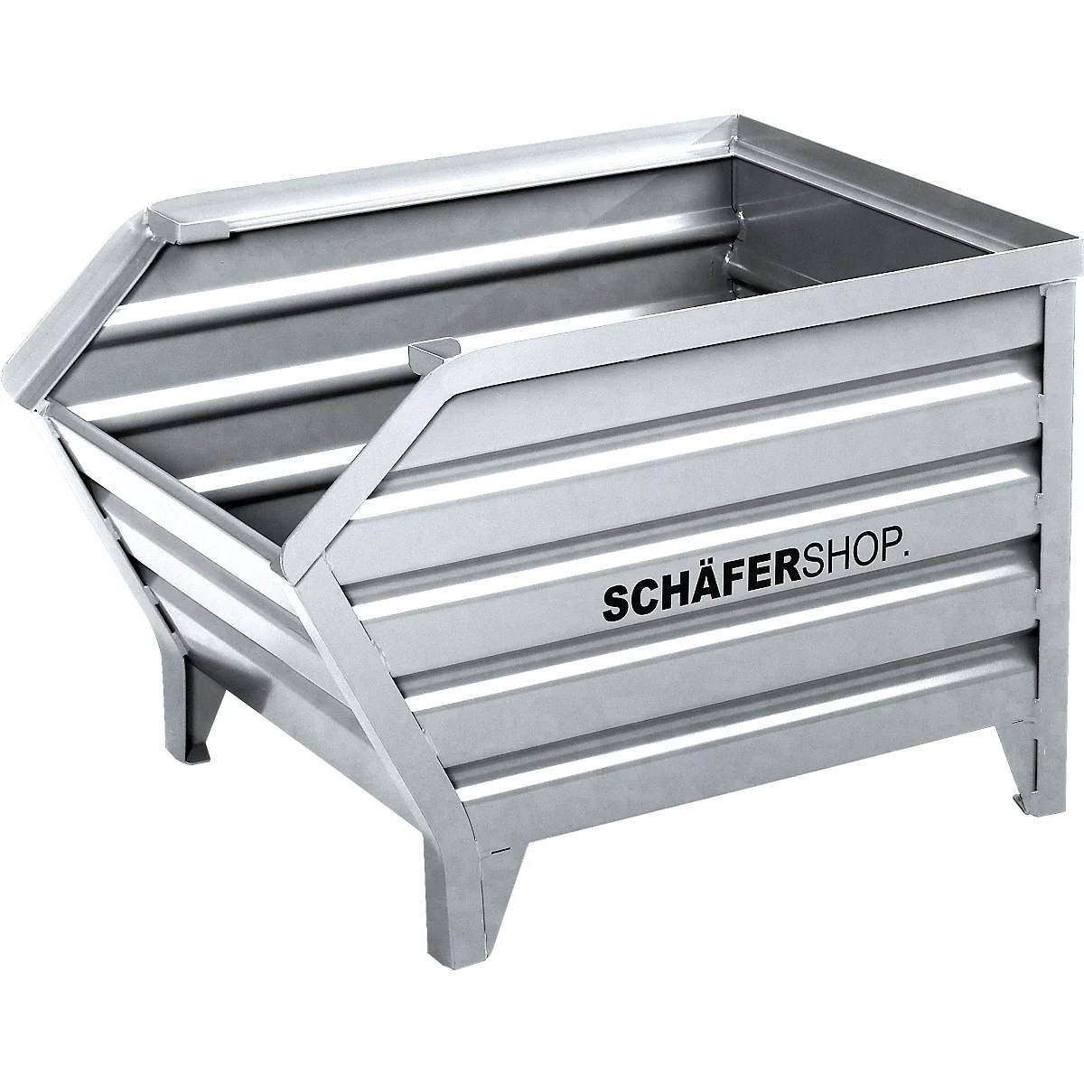 Ein metallischer Kippbehälter mit geriffelter Oberfläche und der Aufschrift SCHÄFERSHOP.