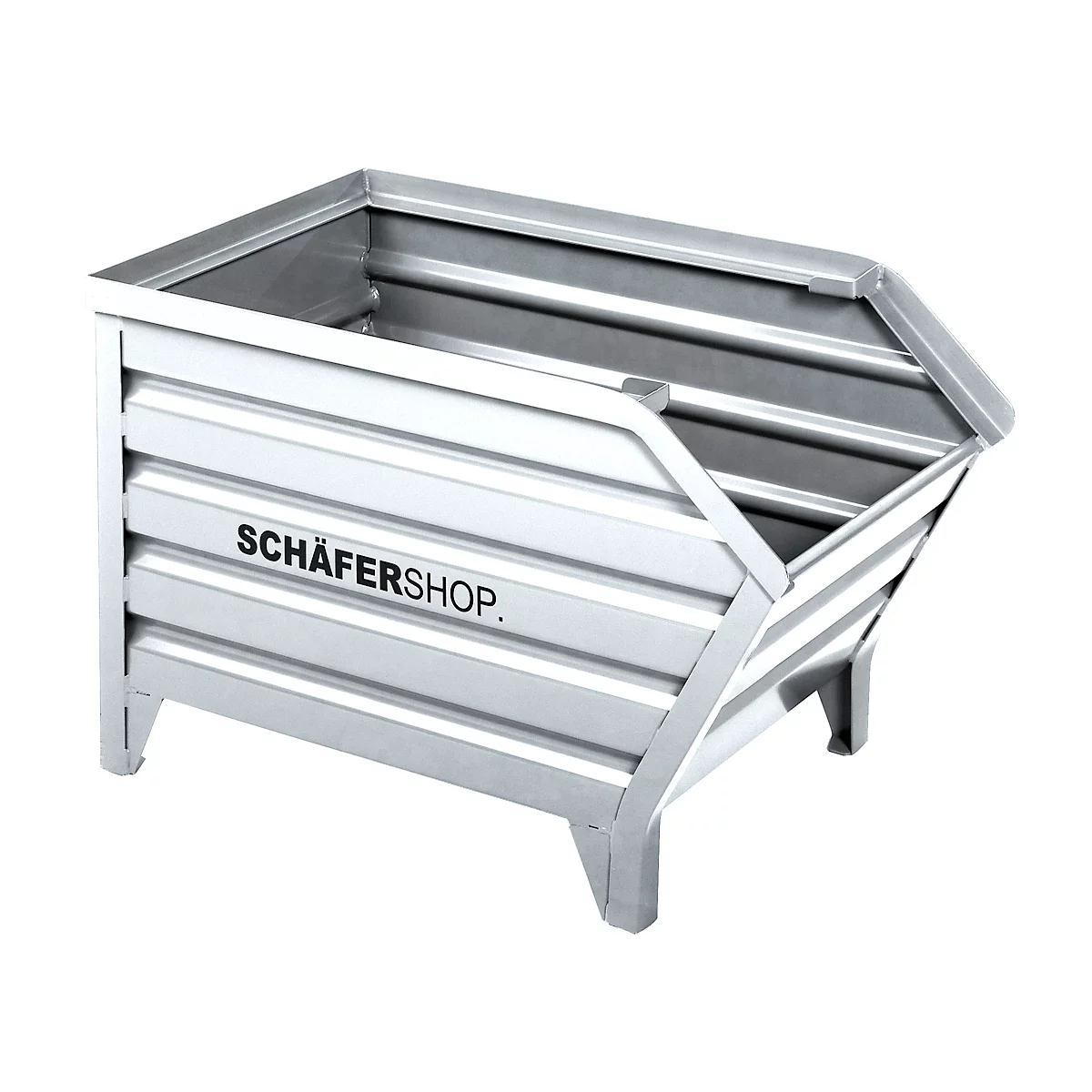 Metall-Behälter mit geriffelten Seiten und dem Schriftzug SCHÄFERSHOP. Auf vier Beinen, vor weißem Hintergrund.
