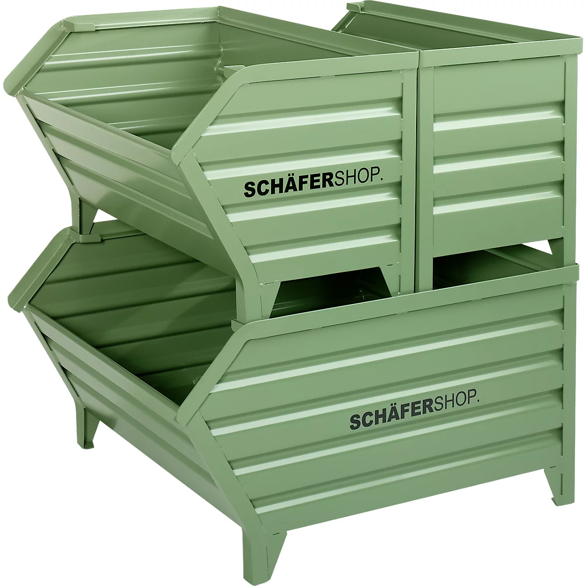 Zwei grüne, stapelbare Metallbehälter mit dem Aufdruck „SCHÄFERSHOP“. Die Behälter sind im Industriedesign gehalten und haben eine offene Vorderseite.