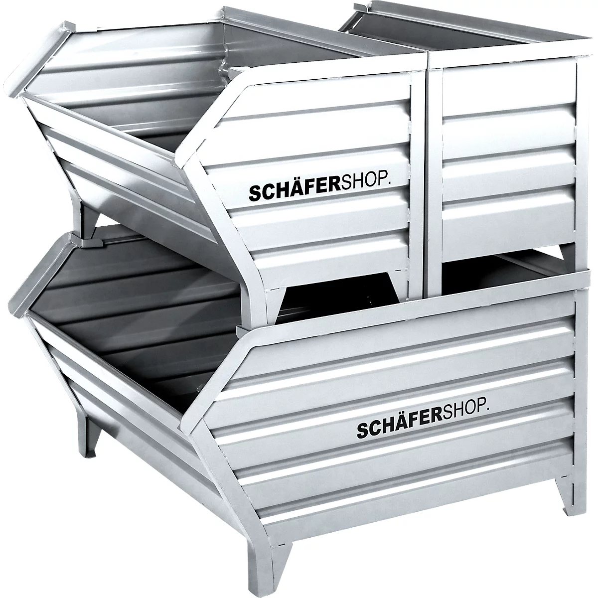 Zwei silberne Stapelbehälter, mit dem Aufdruck 'SCHÄFERSHOP'.