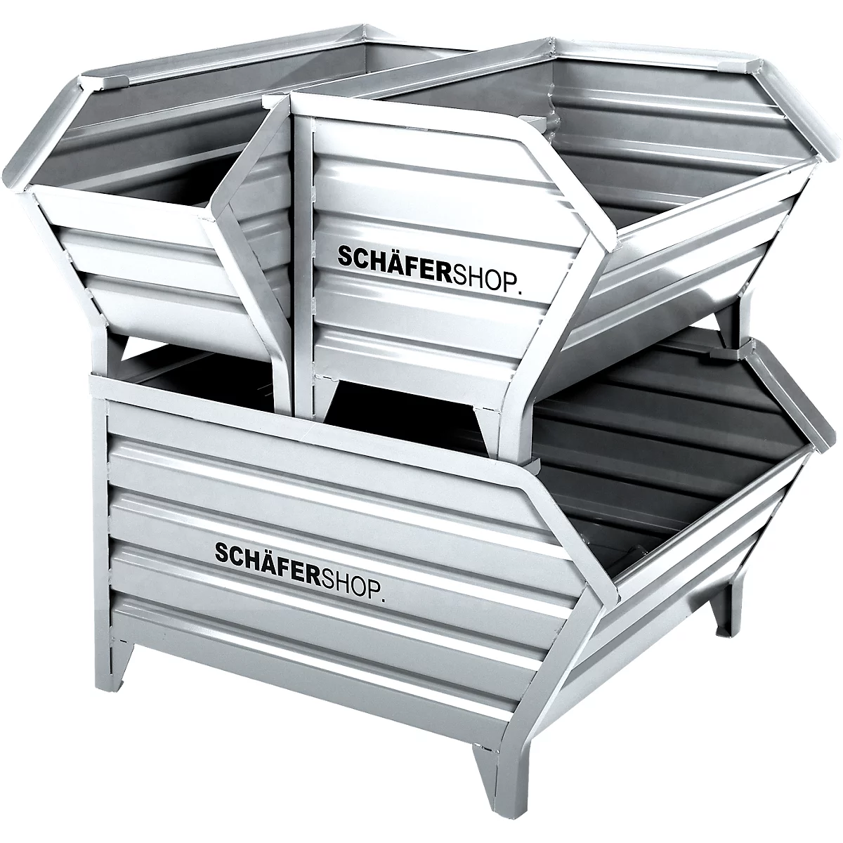 Graue Metallbehälter, einer steht auf dem anderen. Aufschrift: SCHÄFERSHOP.