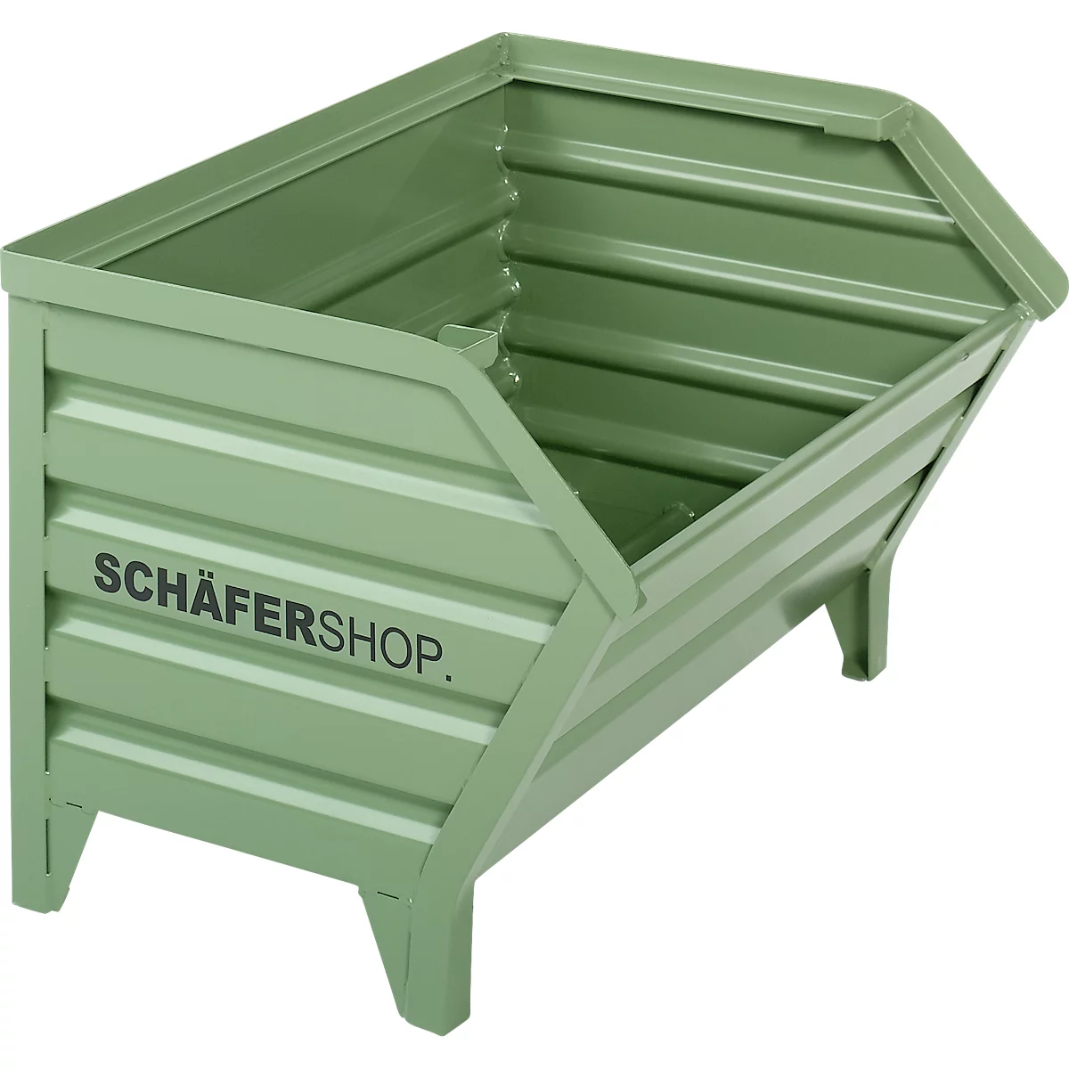Grüner Metallbehälter mit geriffelten Seiten und dem Schriftzug SCHÄFERSHOP.