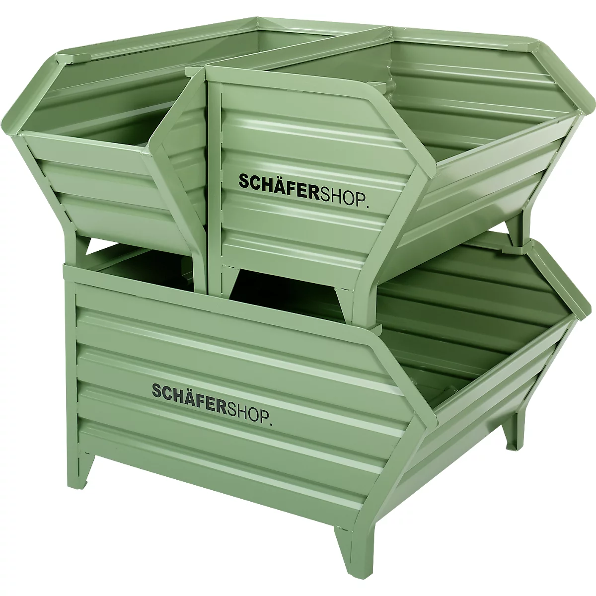 Zwei grüne, stapelbare Metallbehälter mit der Aufschrift SCHÄFERSHOP.