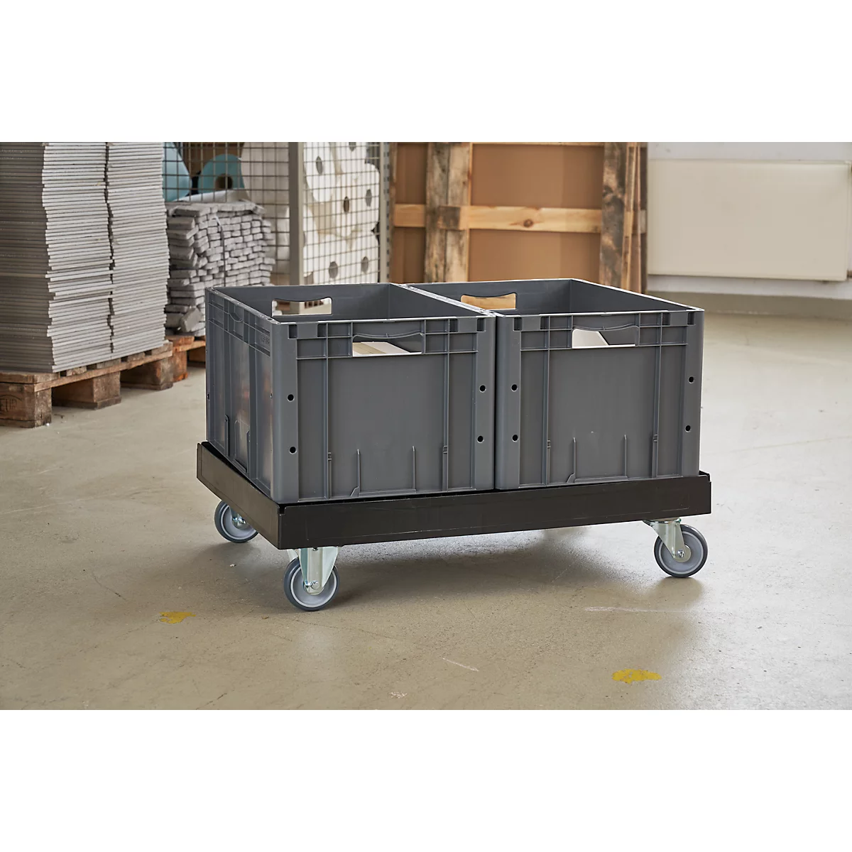 Schäfer Shop Select Transportroller BASICline, Recycling-Kunststoff, je 2 TPE-Lenk- und Bockrollen, Ladefläche L 610 x B 814 mm, bis 300 kg