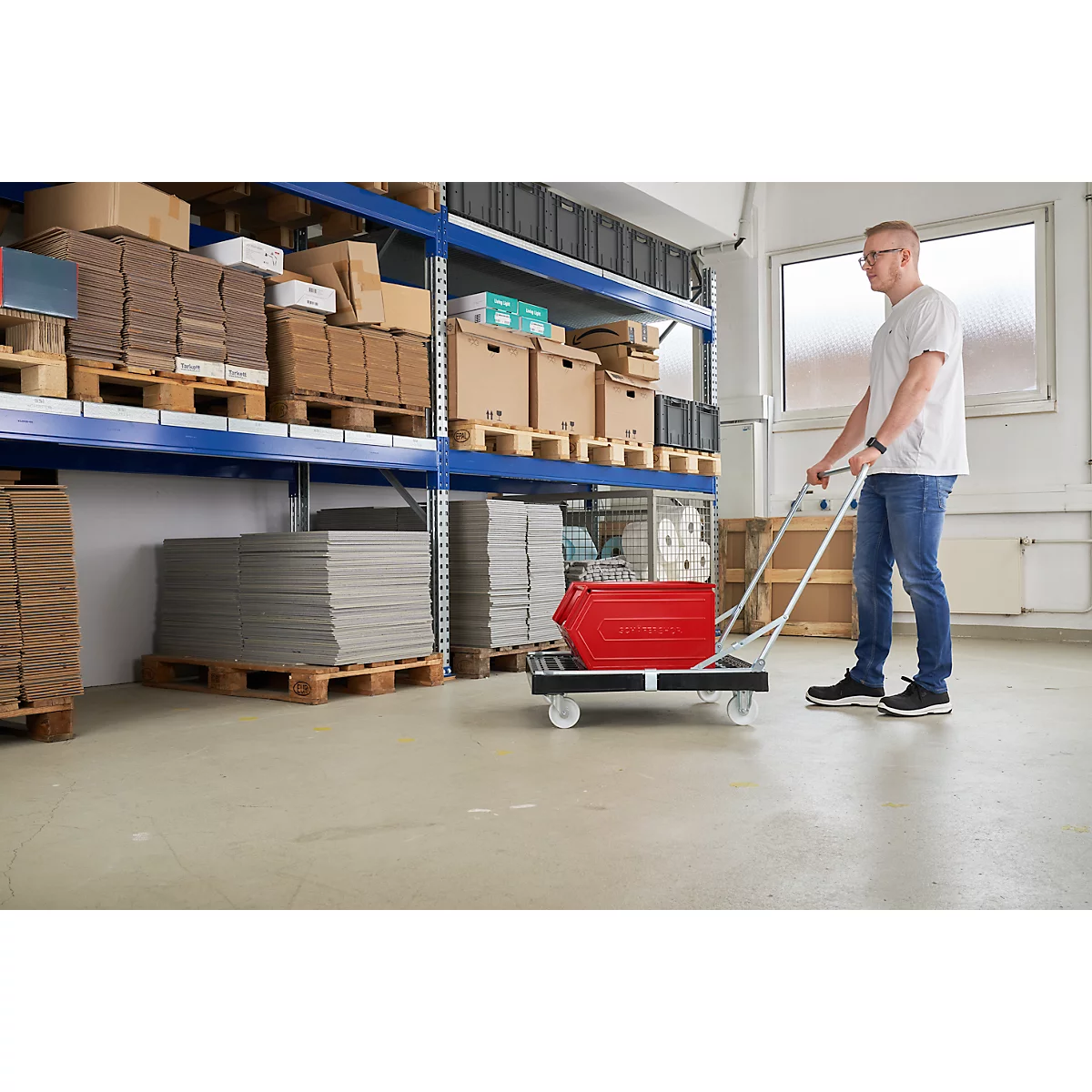 Schäfer Shop Select Transportroller BASICline, Recycling-Kunststoff, je 2 TPE-Lenk- und Bockrollen, Ladefläche L 610 x B 814 mm, bis 300 kg