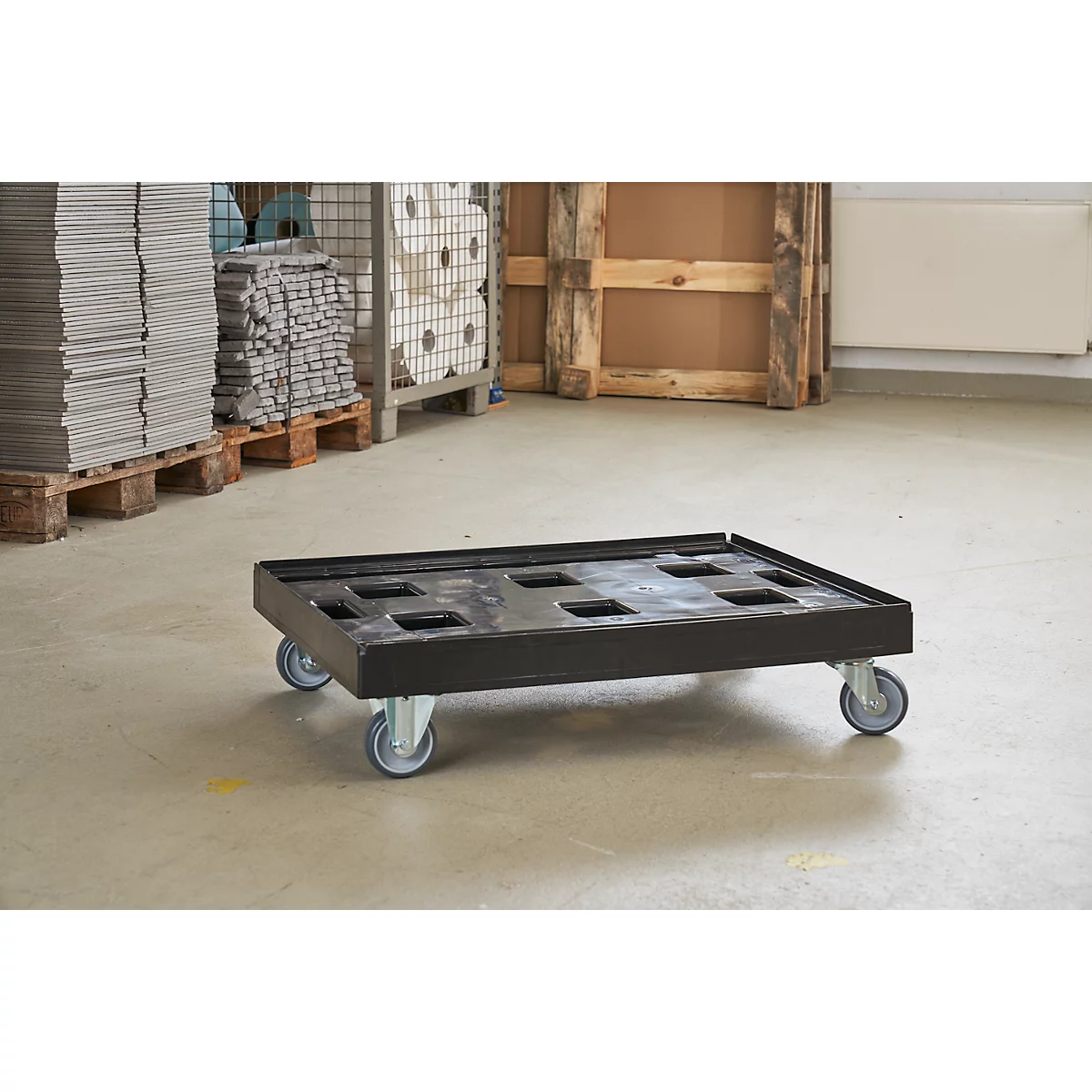 Schäfer Shop Select Transportroller BASICline, Recycling-Kunststoff, je 2 TPE-Lenk- und Bockrollen, Ladefläche L 610 x B 814 mm, bis 300 kg