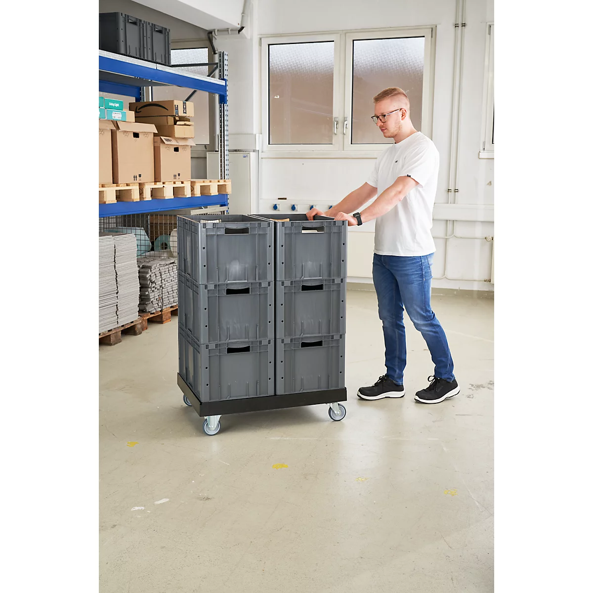 Schäfer Shop Select Transportroller BASICline, Recycling-Kunststoff, je 2 TPE-Lenk- und Bockrollen, Ladefläche L 610 x B 814 mm, bis 300 kg