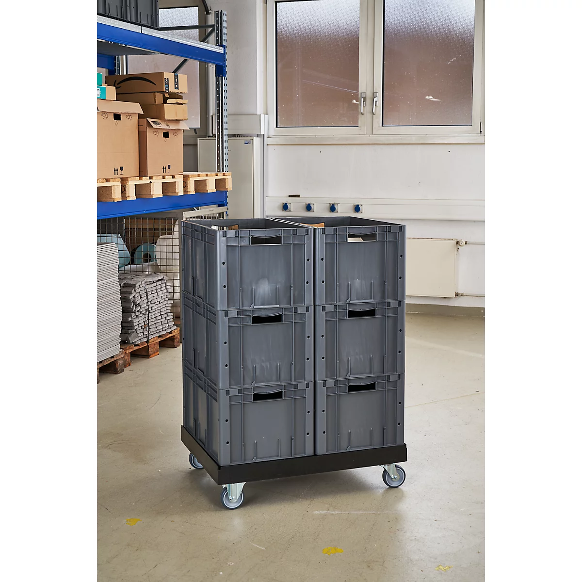 Schäfer Shop Select Transportroller BASICline, Recycling-Kunststoff, je 2 TPE-Lenk- und Bockrollen, Ladefläche L 610 x B 814 mm, bis 300 kg