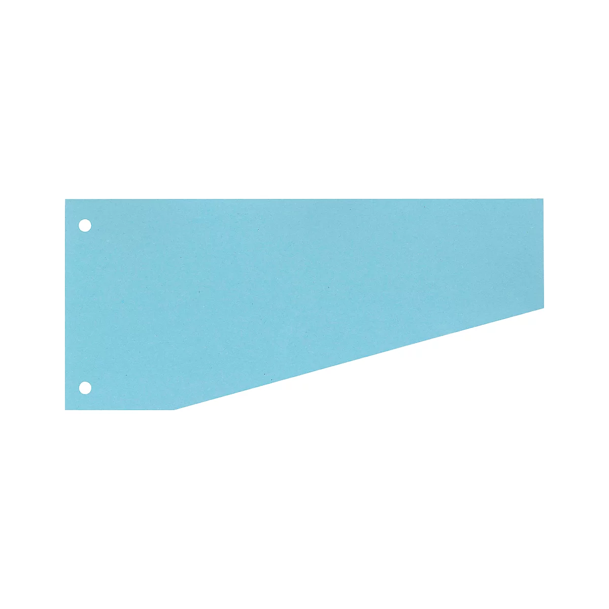 Blue, rectangular paper with two holes on the left edge. The right edge is oblique.