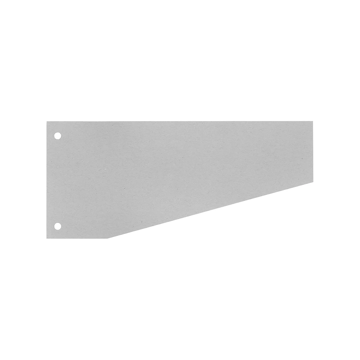 Gray, elongated rectangle with two holes on the left side and an angled edge.
