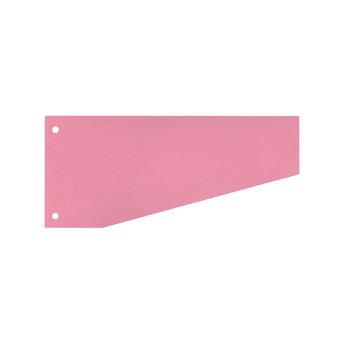 A pink banner with two holes at the top left and bottom left. The bottom edge is cut diagonally.