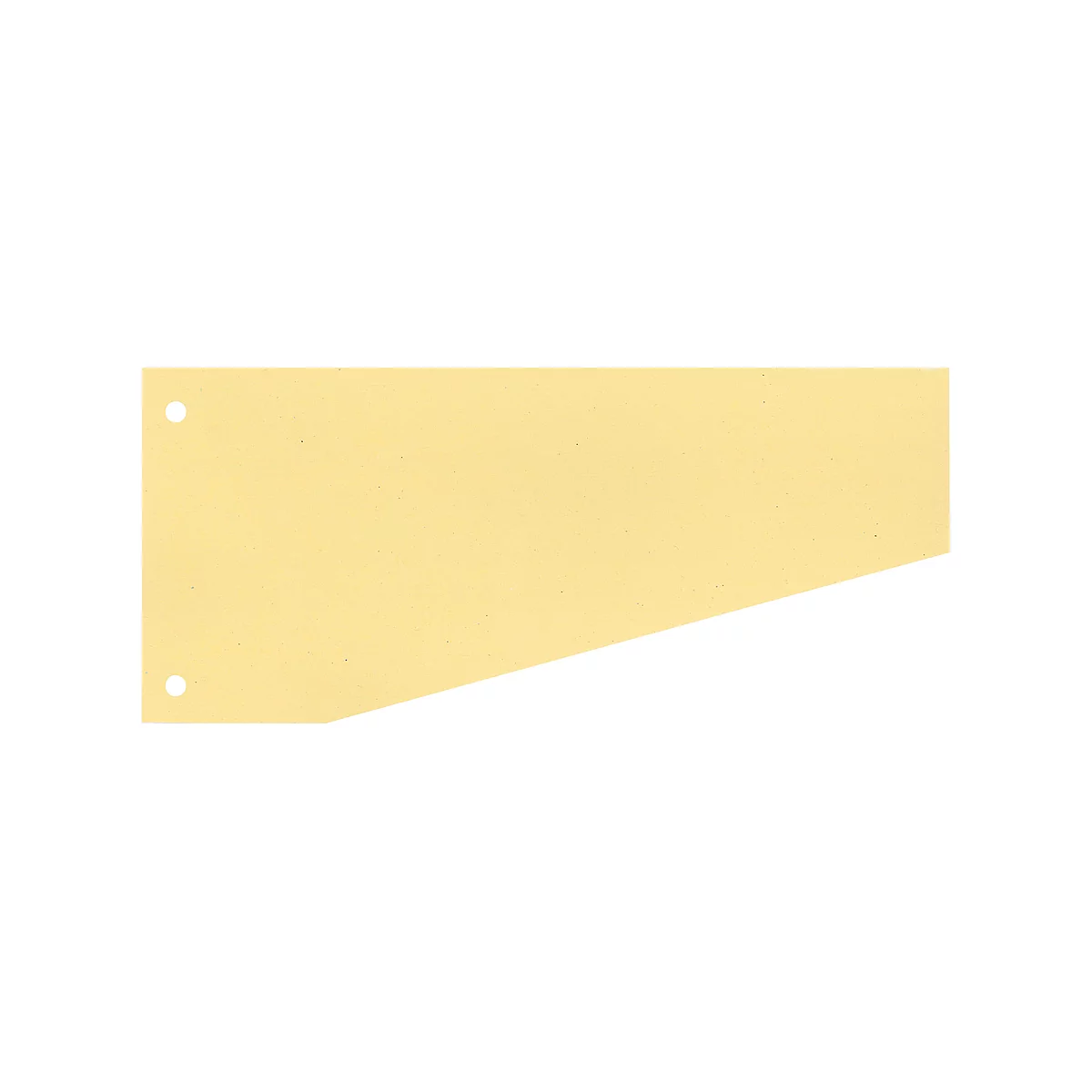 A yellow, rectangular banner with a beveled bottom edge and two holes on the left side.