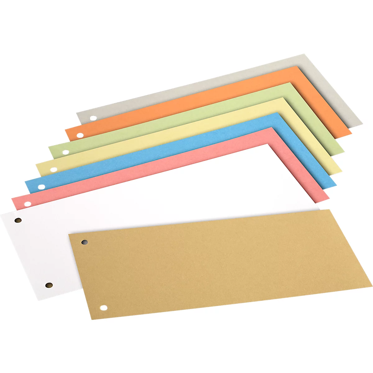 Bunte, winkelförmige Papierbögen in verschiedenen Farben, teils mit Lochung.