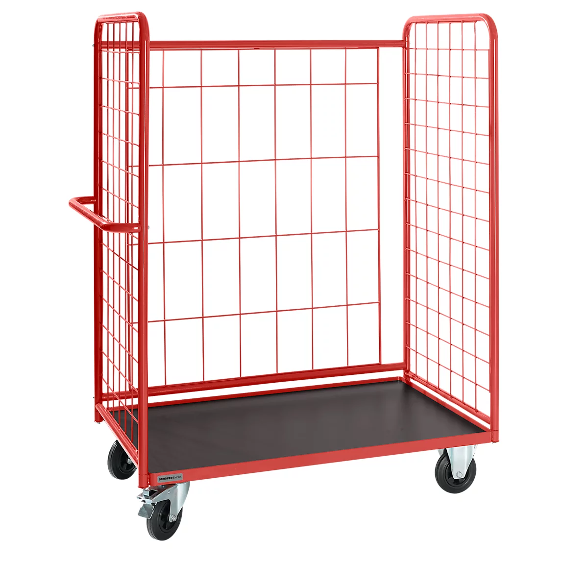 Red cage trolley with black loading area and four wheels, against a white background.