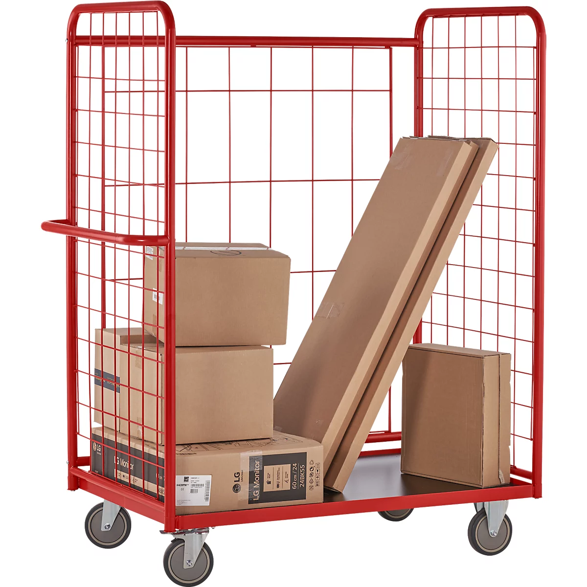 Red transport cart with grids, loaded with boxes and panels. Black loading area, four wheels.