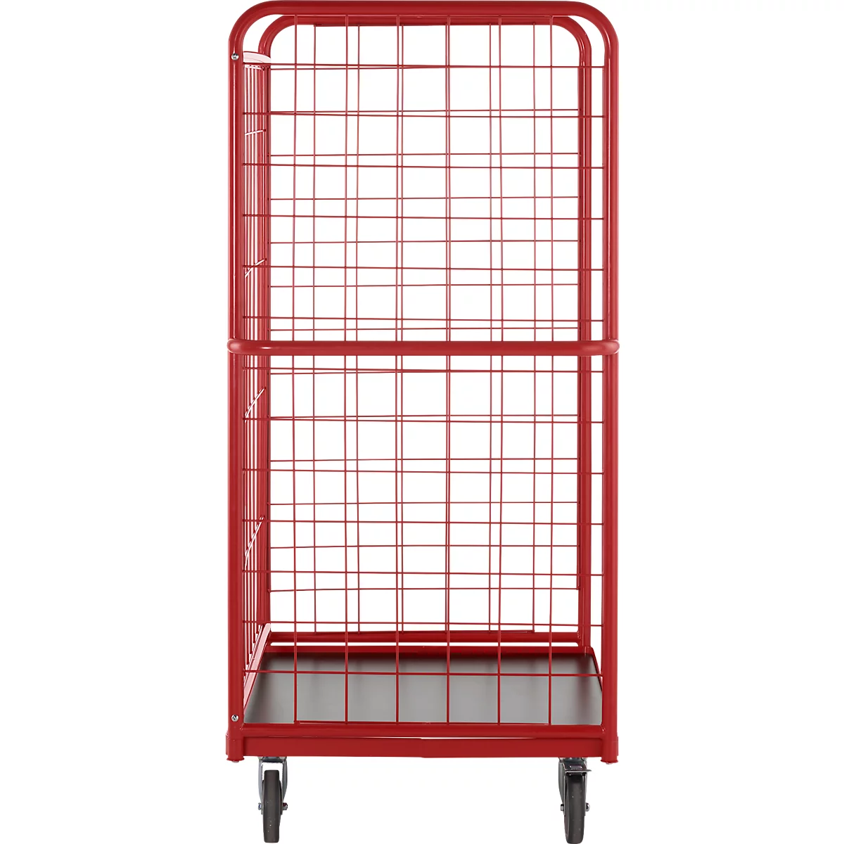 Red cage trolley with grid walls, on four wheels. A loading area is available at the bottom.