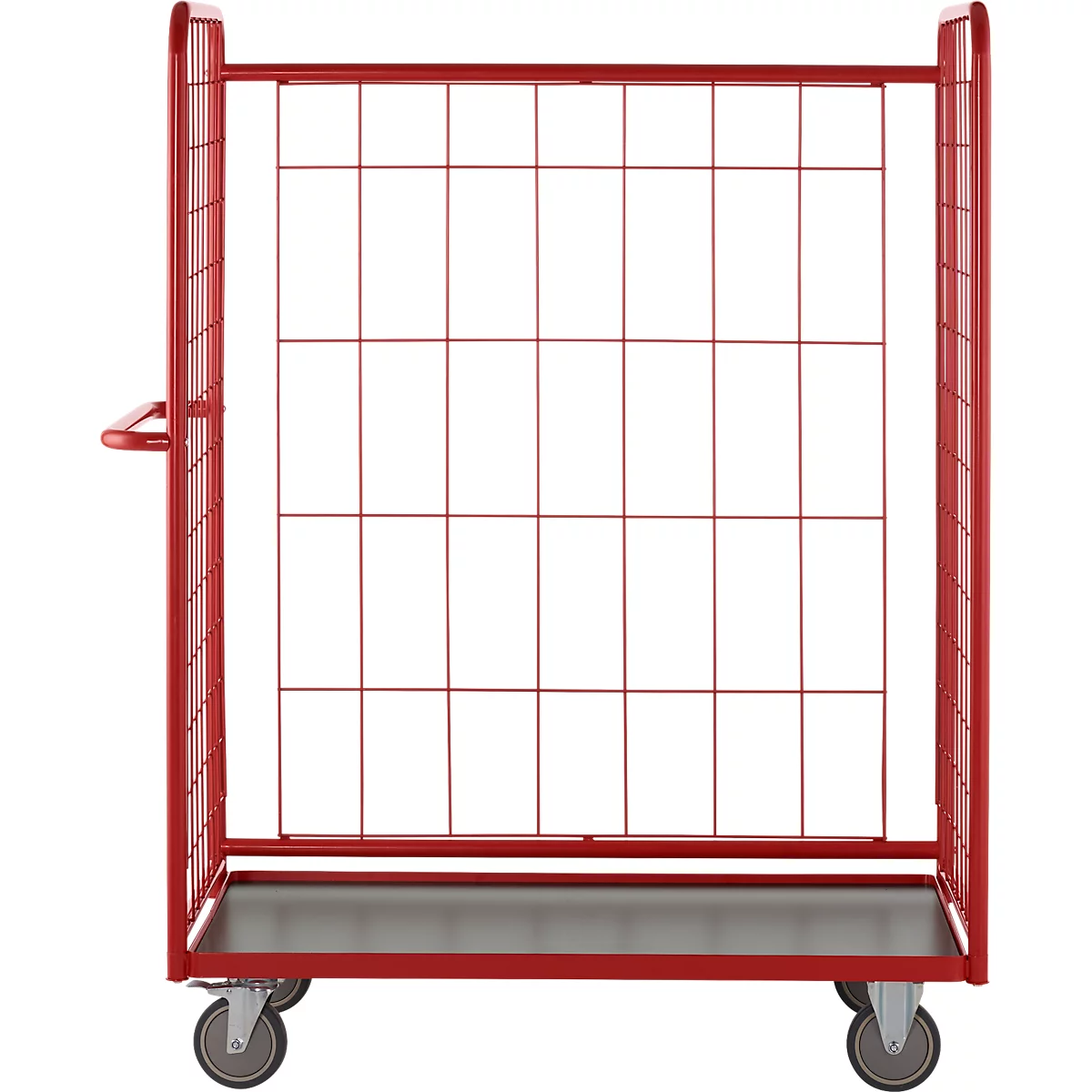 A red mesh cart with wheels and a gray base, against a white background.